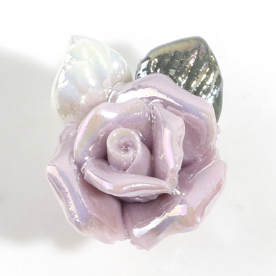 Picture of Ceramic Valentine's Day Beads For DIY Charm Jewelry Making Rose Flower Mauve 3D About 20mm x 16mm, Hole: Approx 1mm, 2 PCs