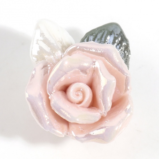 Picture of Ceramic Valentine's Day Beads For DIY Charm Jewelry Making Rose Flower Champagne 3D About 20mm x 16mm, Hole: Approx 1mm, 2 PCs