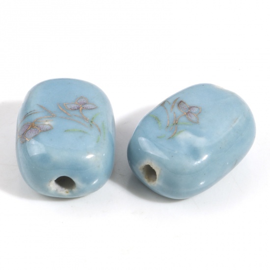 Picture of Ceramic Beads For DIY Charm Jewelry Making Rectangle Skyblue Flower Painted About 19mm x 14mm, Hole: Approx 2.2mm, 5 PCs