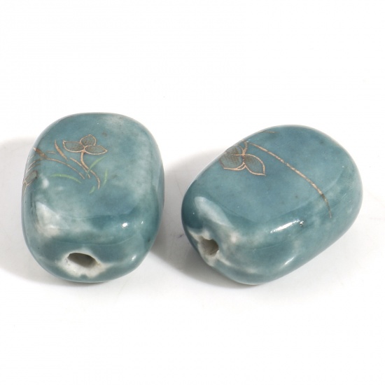 Immagine di Ceramica Diatanziale Perline per la Creazione di Gioielli con Ciondoli Fai-da-te Rettangolo Lago Blu Fiore Disegno Circa Dipinto Circa 19mm x 14mm, Foro: Circa 2.2mm, 5 Pz