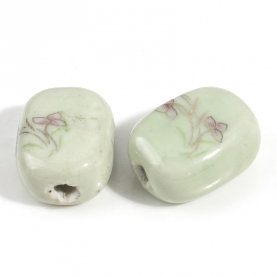 Immagine di Ceramica Diatanziale Perline per la Creazione di Gioielli con Ciondoli Fai-da-te Rettangolo Verde di Frutta Fiore Disegno Circa Dipinto Circa 19mm x 14mm, Foro: Circa 2.2mm, 5 Pz