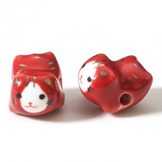 Picture of Ceramic Beads For DIY Jewelry Making Cat Animal Red 3D About 16mm x 13mm, Hole: Approx 2.5mm, 2 PCs