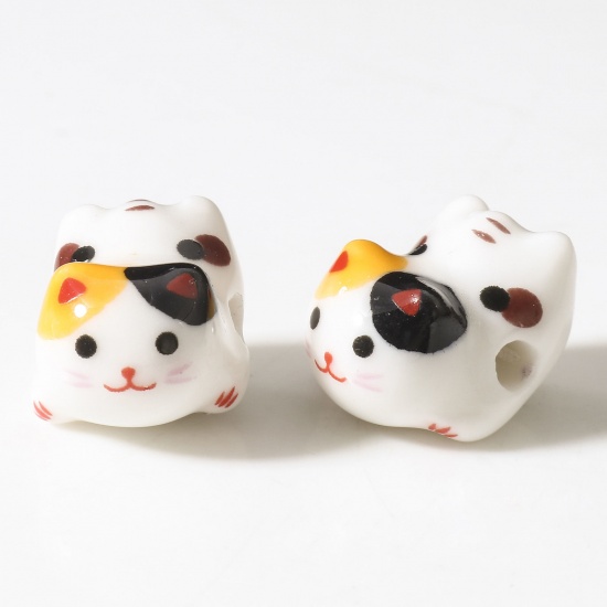 Picture of Ceramic Beads For DIY Jewelry Making Cat Animal White 3D About 16mm x 13mm, Hole: Approx 2.5mm, 2 PCs