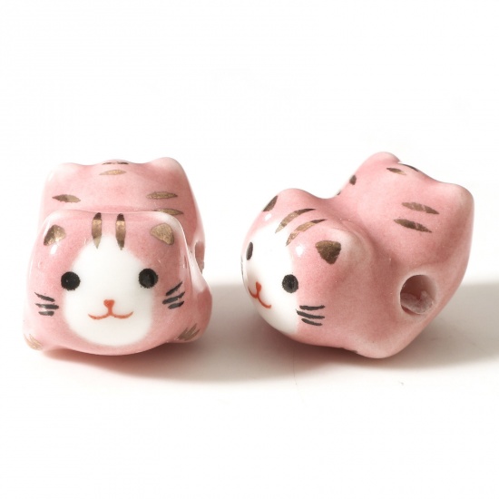 Picture of Ceramic Beads For DIY Jewelry Making Cat Animal Pink 3D About 16mm x 13mm, Hole: Approx 2.5mm, 2 PCs