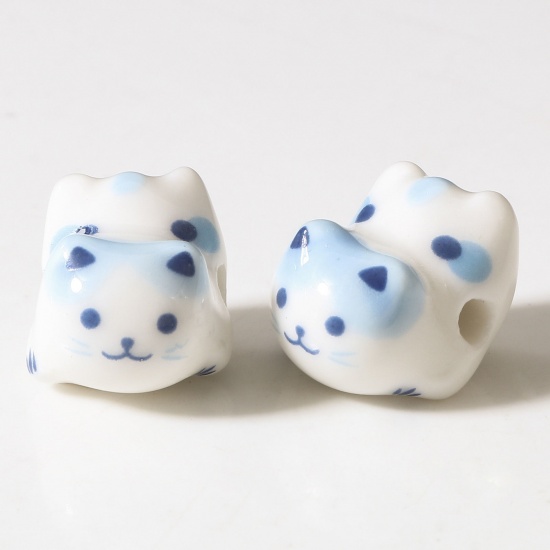 Picture of Ceramic Beads For DIY Jewelry Making Cat Animal Blue 3D About 16mm x 13mm, Hole: Approx 2.5mm, 2 PCs