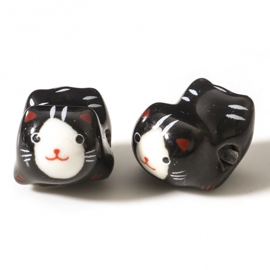 Picture of Ceramic Beads For DIY Jewelry Making Cat Animal Black 3D About 16mm x 13mm, Hole: Approx 2.5mm, 2 PCs