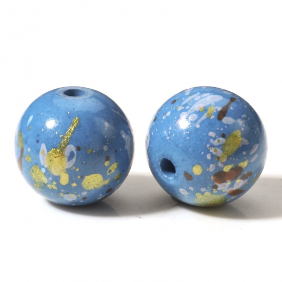 Picture of Resin Spacer Beads For DIY Charm Jewelry Making Round Blue Painted About 14mm Dia, Hole: Approx 2mm, 5 PCs