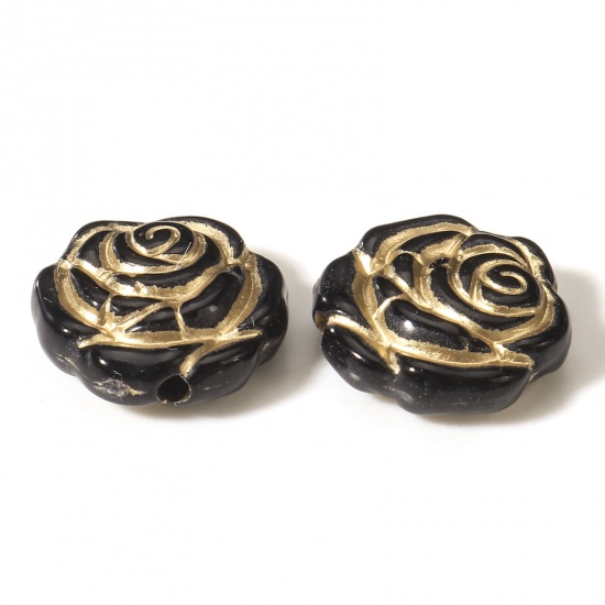 Picture of 20 PCs Acrylic Retro Beads For DIY Jewelry Making Black & Gold Rose Flower About 14mm x 13.5mm, Hole: Approx 1.6mm