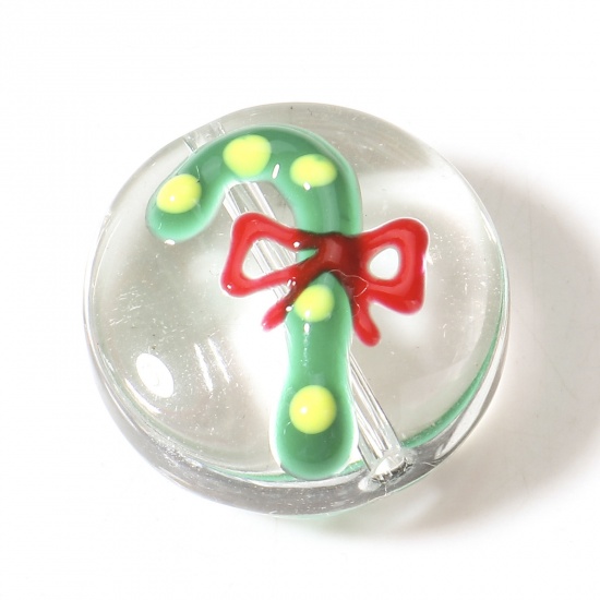 Picture of Glass Beads For DIY Charm Jewelry Making Round Green Christmas Candy Cane About 20mm Dia, Hole: Approx 1.5mm, 2 PCs