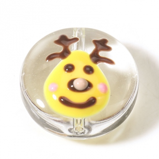 Picture of Glass Christmas Beads For DIY Charm Jewelry Making Round Yellow Pere David's Deer About 20mm Dia, Hole: Approx 1.5mm, 2 PCs