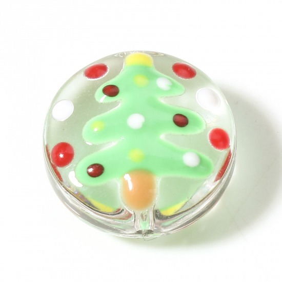 Picture of Glass Beads For DIY Charm Jewelry Making Round Green Christmas Tree About 20mm Dia, Hole: Approx 1.5mm, 2 PCs