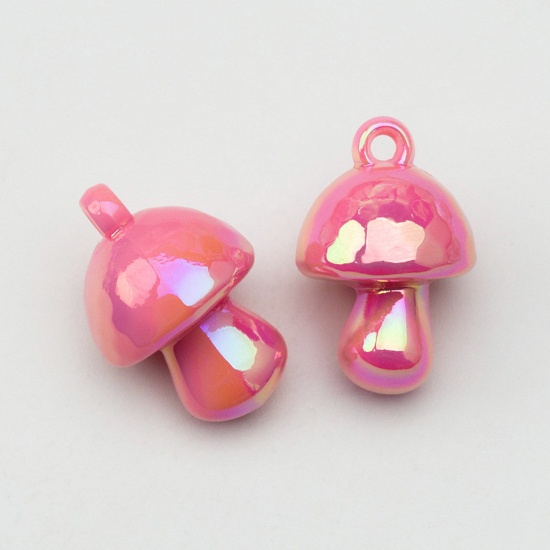 Picture of Acrylic Pendants Mushroom Hot Pink AB Rainbow Color 3D 3.4cm x 2.3cm, 5 PCs