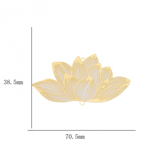 Picture of Brass Filigree Stamping Connectors Charms Pendants Brass Color Lotus Flower Unplated 7.1cm x 3.9cm, 2 PCs                                                                                                                                                     