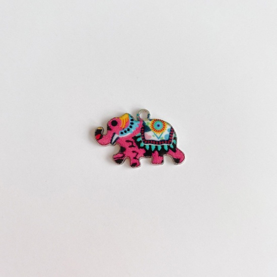 Picture of Zinc Based Alloy Ethnic Charms Silver Tone Multicolor Elephant Animal Enamel 25mm x 16mm, 10 PCs