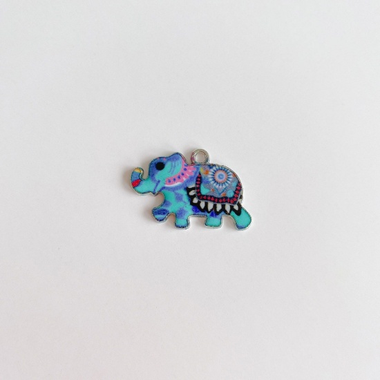 Picture of Zinc Based Alloy Ethnic Charms Silver Tone Multicolor Elephant Animal Enamel 25mm x 16mm, 10 PCs