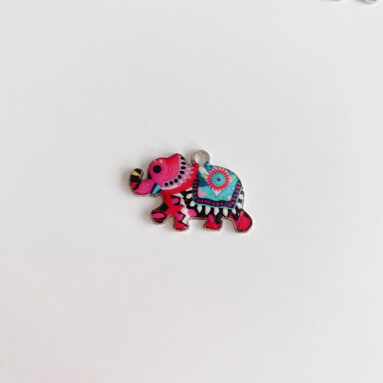 Picture of Zinc Based Alloy Ethnic Charms Silver Tone Multicolor Elephant Animal Enamel 25mm x 16mm, 10 PCs