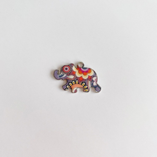 Picture of Zinc Based Alloy Ethnic Charms Silver Tone Multicolor Elephant Animal Enamel 25mm x 16mm, 10 PCs