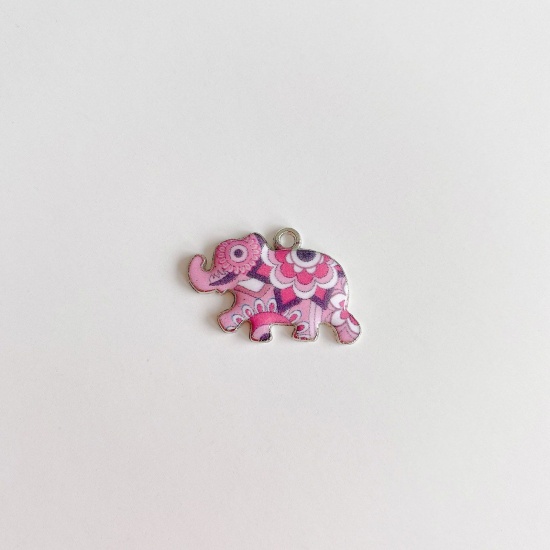 Picture of Zinc Based Alloy Ethnic Charms Silver Tone Multicolor Elephant Animal Enamel 25mm x 16mm, 10 PCs