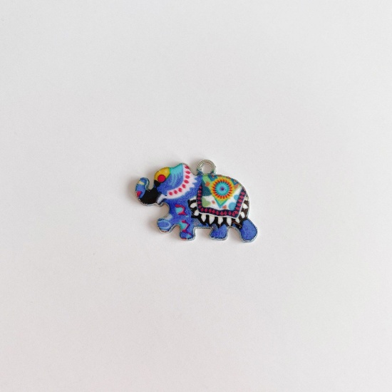 Picture of Zinc Based Alloy Ethnic Charms Silver Tone Multicolor Elephant Animal Enamel 25mm x 16mm, 10 PCs