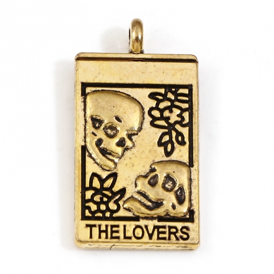 Picture of Zinc Based Alloy Tarot Charms Gold Tone Antique Gold Rectangle Skull Message " THE LOVERS " Double Sided 26mm x 13mm, 10 PCs