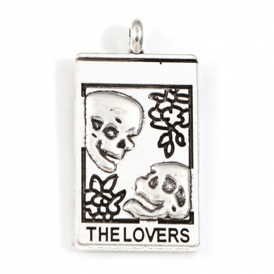 Picture of Zinc Based Alloy Tarot Charms Antique Silver Color Rectangle Skull Message " THE LOVERS " Double Sided 26mm x 13mm, 10 PCs