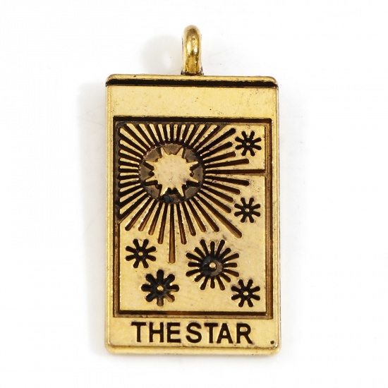 Picture of Zinc Based Alloy Tarot Charms Gold Tone Antique Gold Rectangle Star Message " THE STAR " Double Sided 26mm x 13mm, 10 PCs