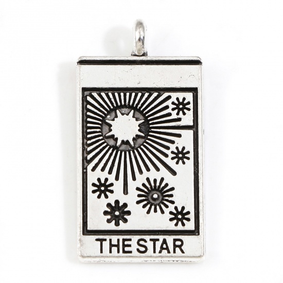 Picture of Zinc Based Alloy Tarot Charms Antique Silver Color Rectangle Star Message " THE STAR " Double Sided 26mm x 13mm, 10 PCs