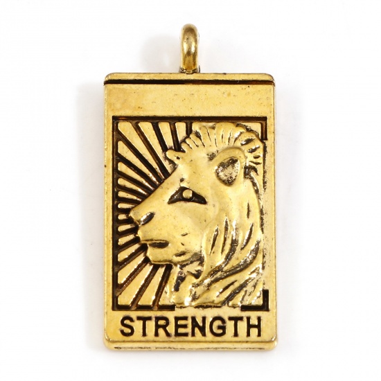 Picture of Zinc Based Alloy Tarot Charms Gold Tone Antique Gold Rectangle Lion Message " STRENGTH " Double Sided 26mm x 13mm, 10 PCs