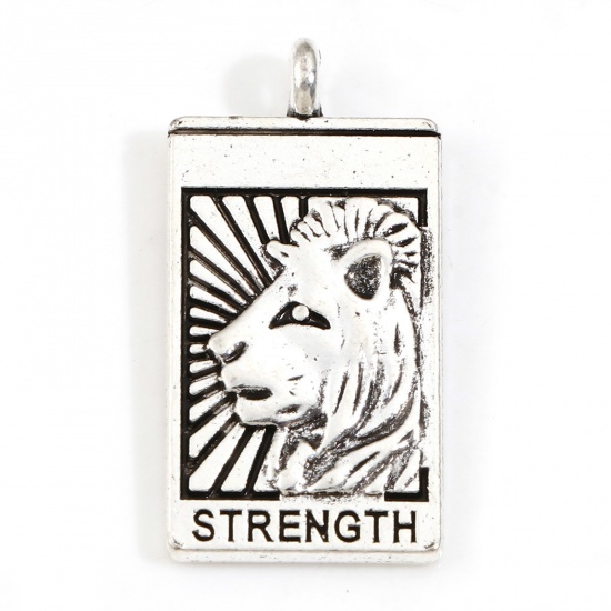 Picture of Zinc Based Alloy Tarot Charms Antique Silver Color Rectangle Lion Message " STRENGTH " Double Sided 26mm x 13mm, 10 PCs