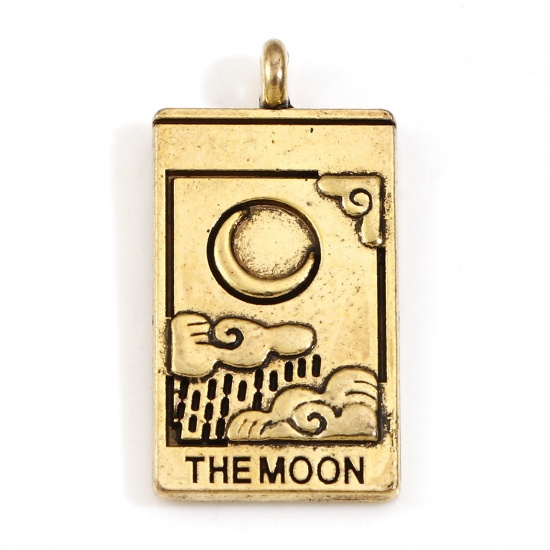 Picture of Zinc Based Alloy Tarot Charms Gold Tone Antique Gold Rectangle Moon Message " The Moon " Double Sided 26mm x 13mm, 10 PCs