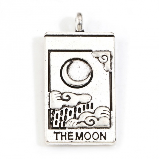 Picture of Zinc Based Alloy Tarot Charms Antique Silver Color Rectangle Moon Message " The Moon " Double Sided 26mm x 13mm, 10 PCs