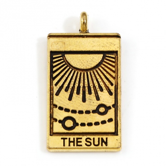 Picture of Zinc Based Alloy Tarot Charms Gold Tone Antique Gold Rectangle Sun Message " THE SUN " Double Sided 26mm x 13mm, 10 PCs