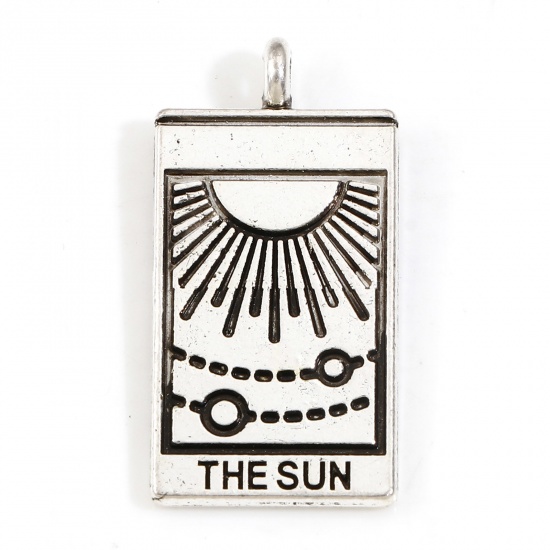 Picture of Zinc Based Alloy Tarot Charms Antique Silver Color Rectangle Sun Message " THE SUN " Double Sided 26mm x 13mm, 10 PCs