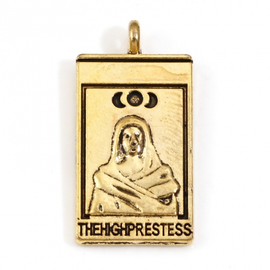 Picture of Zinc Based Alloy Tarot Charms Gold Tone Antique Gold Rectangle Double Sided Message " THE PRESTESS " 26mm x 13mm, 10 PCs