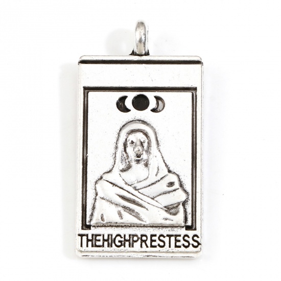 Picture of Zinc Based Alloy Tarot Charms Antique Silver Color Rectangle Double Sided Message " THE PRESTESS " 26mm x 13mm, 10 PCs