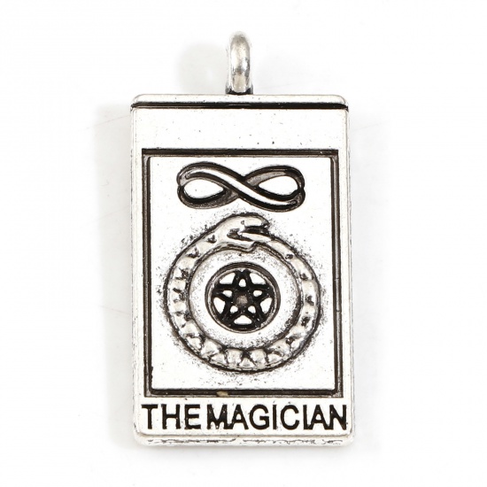 Picture of Zinc Based Alloy Tarot Charms Antique Silver Color Rectangle The Magician Message " THE MAGICIAN " Double Sided 26mm x 13mm, 10 PCs