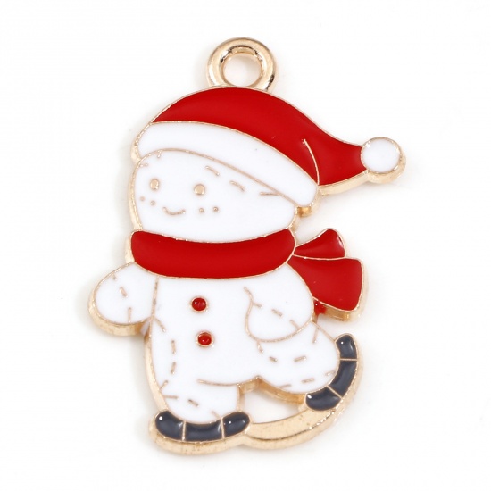 Picture of Zinc Based Alloy Christmas Charms Gold Plated Multicolor Christmas Snowman Enamel 24.5mm x 18mm, 10 PCs