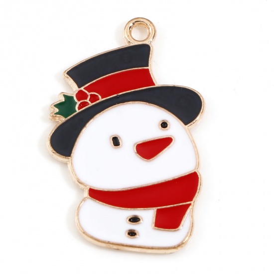 Picture of Zinc Based Alloy Christmas Charms Gold Plated Multicolor Christmas Snowman Enamel 29mm x 19mm, 10 PCs