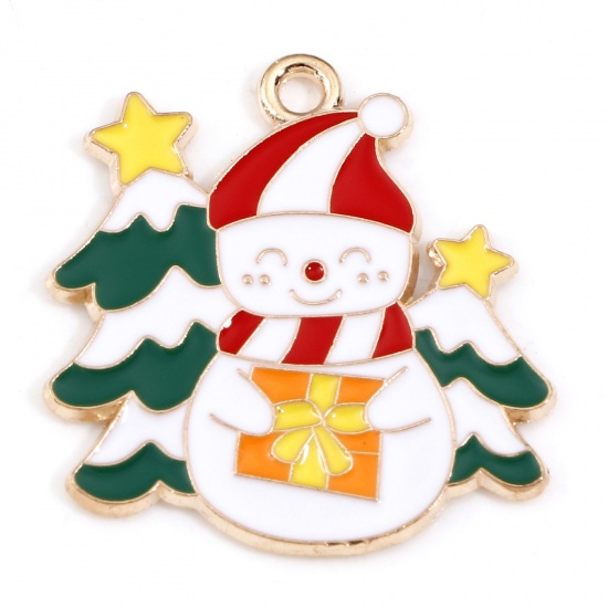Picture of Zinc Based Alloy Christmas Charms Gold Plated Multicolor Christmas Snowman Christmas Tree Enamel 25mm x 24mm, 10 PCs