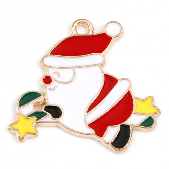 Picture of Zinc Based Alloy Christmas Charms Gold Plated Multicolor Christmas Santa Claus Enamel 25mm x 24mm, 10 PCs