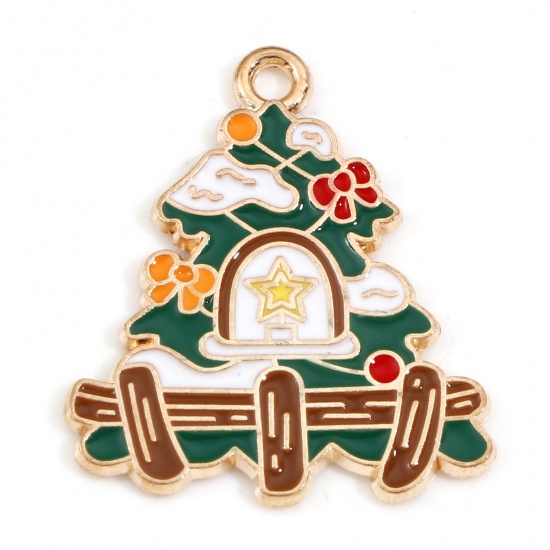 Picture of Zinc Based Alloy Christmas Charms Gold Plated Multicolor Christmas Tree House Enamel 25mm x 22mm, 10 PCs