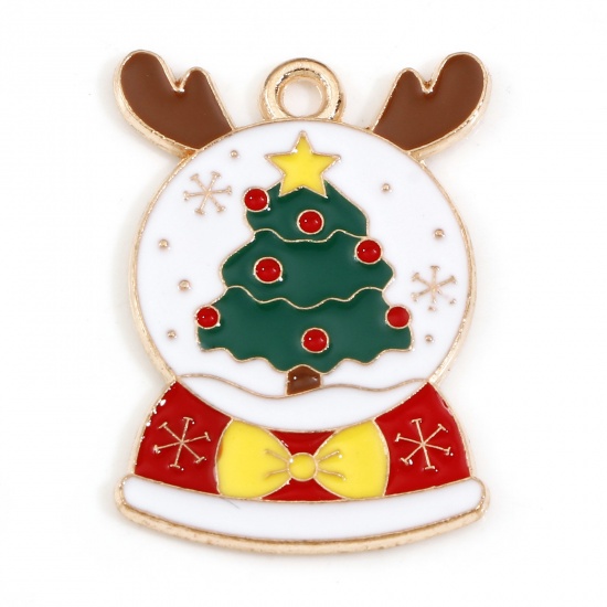 Picture of Zinc Based Alloy Christmas Charms Gold Plated Multicolor Christmas Tree Enamel 25mm x 18mm, 10 PCs