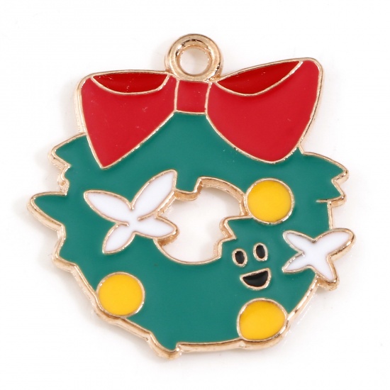 Picture of Zinc Based Alloy Christmas Charms Gold Plated Multicolor Christmas Wreath Enamel 23mm x 22mm, 10 PCs
