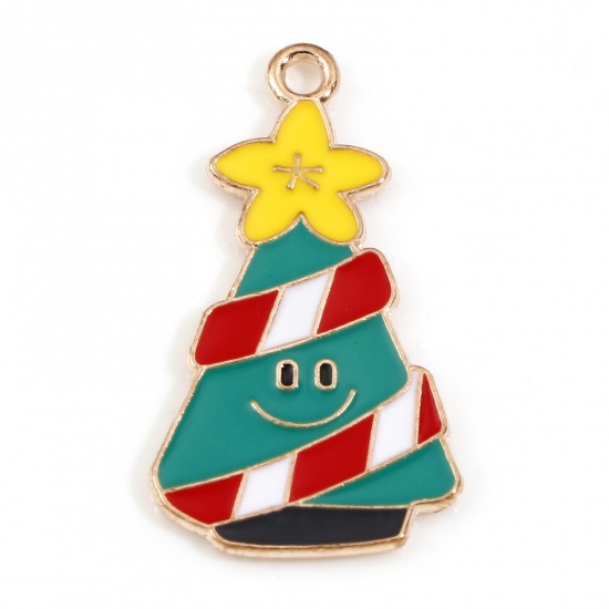 Picture of Zinc Based Alloy Christmas Charms Gold Plated Multicolor Christmas Tree Enamel 29mm x 16mm, 10 PCs