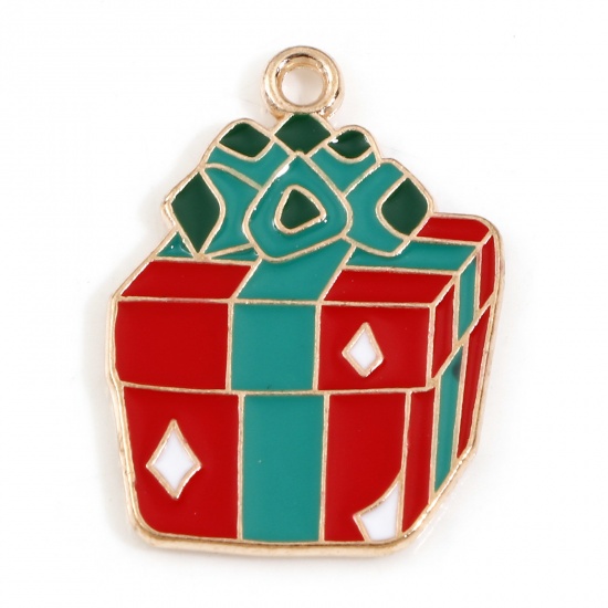 Picture of Zinc Based Alloy Christmas Charms Gold Plated Multicolor Gift Box Enamel 25mm x 18mm, 10 PCs