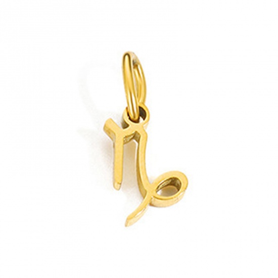 Picture of 304 Stainless Steel Charms 14K Gold Color Capricornus Sign Of Zodiac Constellations With Jump Ring 6mm-9mm, 2 PCs