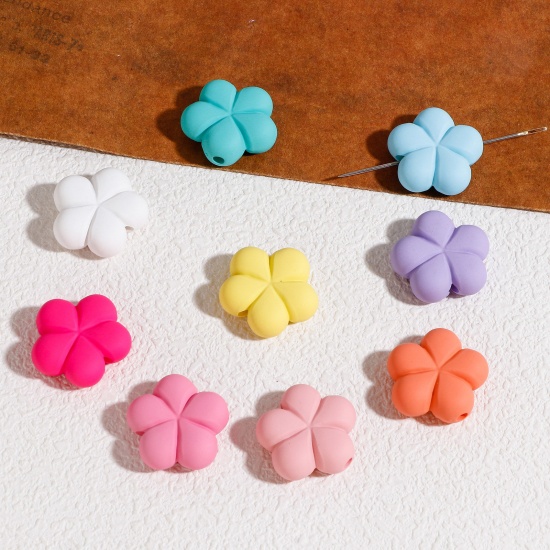 Picture of Acrylic Flora Collection Beads For DIY Charm Jewelry Making At Random Mixed Color Flower Rubberized About 24mm x 22mm, Hole: Approx 2.6mm, 10 PCs
