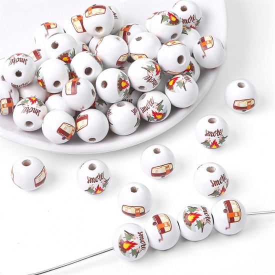 Picture of Wood Spacer Beads For DIY Charm Jewelry Making Round At Random Mixed Color Campervan About 16mm Dia., Hole: Approx 3.5mm, 1 Packet (Approx 10PCs)