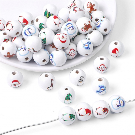 Bild von Holz Zwischenperlen Spacer Perlen für die Herstellung von DIY-Charme-Schmuck Rund Zufällig gemischte Farben Weihnachten Weihnachtsmann Muster, ca. 16mm D., Loch: ca. 3.5mm, 1 Packung (ca. 10 Stück)