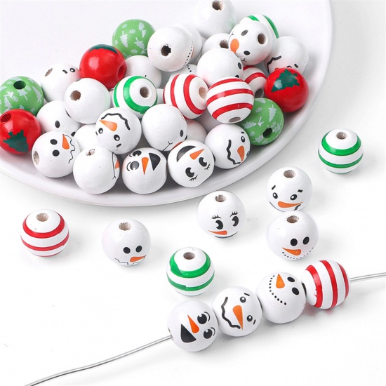 Picture of Wood Spacer Beads For DIY Charm Jewelry Making Round At Random Mixed Color Christmas Snowman About 16mm Dia., Hole: Approx 3.5mm, 1 Packet (Approx 10PCs)